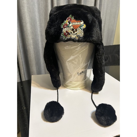 NWT Ed Hardy Unisex Trapper Hat Black Faux Fur Pompoms Graphic Love Kills Skull - Picture 2 of 7